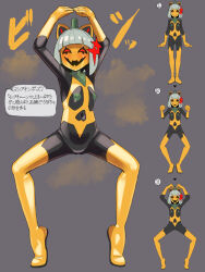 animal_ears black_sclera blush bodysuit boots cat_ears erect_nipples_under_clothes female_only femsub gloves grey_background grey_hair hair_ornament halloween happy_trance hg31434705 hypnotic_gas japanese_text latex mask nipples original pumpkin red_eyes rubber short_hair simple_background smile solo spread_legs squatting standing standing_at_attention straight-cut_bangs thigh_boots thighhighs