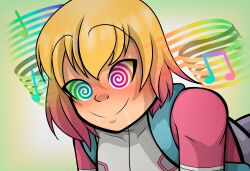 absurdres bangs blonde_hair bodysuit clothed disguised_hypnotist drool eyebrows_visible_through_hair female_only femsub gradient_background gwen_poole gwenpool happy_trance hypnotic_music leaning_forward marvel_comics multicolored_eyes music pink_hair short_hair simple_background smile spiralwash_eyes tagme