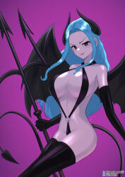  black_eyes blue_hair corruption demon_girl evil_smile female_only gloves horns huge_breasts latex long_hair looking_at_viewer navel nefertari_vivi one_piece opera_gloves simple_background sling_bikini solo spear tagme tail thighhighs weapon wings yamimochi 