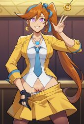  ace_attorney ai_art andruxa_(generator) athena_cykes breasts dress femsub fingerless_gloves gloves hairband happy_trance jacket large_breasts long_hair necklace orange_hair panties pendulum pussy skirt spiral_eyes stable_diffusion_(ai) symbol_in_eyes underwear undressing 