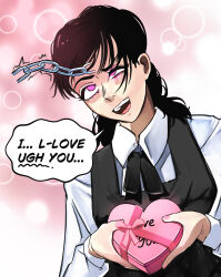  absurdres asa_mitaka black_hair chainsaw_man clothed dialogue empty_eyes female_only femsub glatu happy_trance love mental_chains open_mouth pink_eyes smile speech_bubble spiral_eyes symbol_in_eyes text valentine's_day 