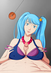 absurdres alternate_costume alternate_hairstyle blue_eyes blue_hair bottomless bra breasts coin empty_eyes erect_nipples femsub happy_trance large_breasts league_of_legends long_hair looking_at_viewer male_pov maledom necklace oo_sebastian_oo open_mouth paizuri pendulum penis pov pov_dom smile sona_(league_of_legends) twintails underwear