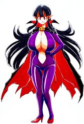 area5169458561 bodysuit breasts cape chichi corruption dragon_ball elf_ears fangs female_only halloween high_heels huge_breasts large_breasts long_hair red_eyes smile vampire