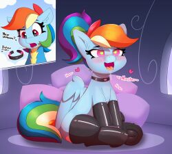  absurdres animals_only blush collar comic drool female_only femsub furry glowing glowing_eyes happy_trance heart heart_eyes horse horse_girl hypnotic_accessory latex multicolored_hair my_little_pony pabbley rainbow_dash rainbow_hair symbol_in_eyes tech_control text 