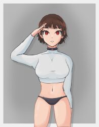 absurdres breasts brown_hair collar empty_eyes expressionless female_only femsub glowing glowing_eyes hypnotic_accessory makoto_niijima navel open_mouth panties persona_(series) persona_5 red_eyes saluting short_hair tech_control underwear zi-tech_(zires) zires