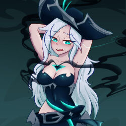 alternate_costume alternate_hair_color armpits arms_above_head belt blush body_markings breasts cleavage clothed control_indicator corruption eye_color_change femsub glowing_eyes green_eyes hair_color_change hat league_of_legends maledom miss_fortune_(league_of_legends) pirate possession ricebread ruination smoke tongue tongue_out very_long_hair viego_(league_of_legends) white_hair