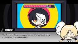  androgynous_sub animal_ears black_hair blonde_hair dazed gameplay_mechanics glasses glowing hypnosync kaa_eyes monitor nezzie_(hypnosync) rat_girl seiro short_hair simple_background tagme text you_(hypnosync) 