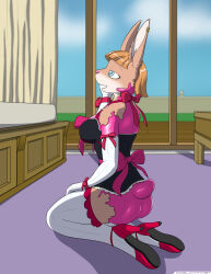 absurdres ass blonde_hair blue_eyes bow bunny_girl corset earrings empty_eyes female_only femsub furry gloves happy_trance high_heels immelmann jewelry kneeling latex maid open_mouth opera_gloves piercing ribbon short_hair smile solo thighhighs transformation