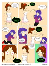 brown_hair carlosfco comic dialogue fembot femdom femsub julia_(carlosfco) kigi_(carlosfco) large_breasts long_hair maid nabs001_(colorist) original purple_hair short_hair tech_control text zombie_walk