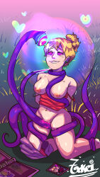  blonde_hair breasts_outside crotch_rub femsub hypnotic_eyes ki_(tokei-chan) original pussy pussy_juice pussy_tentacles simple_background spiral_eyes tentacle_sex tentaclejob tentacles tokei-chan 
