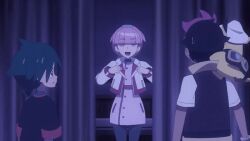 animated animated_gif coat earrings femsub happy_trance hat long_hair mochi_dance mollie_(pokemon) multiple_boys nintendo official open_mouth pikachu pink_hair pokemon pokemon_(anime) purple_eyes roy_(pokemon) smile ult_(pokemon)