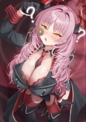  absurdres accidental_hypnosis arm_bands blue_archive blush bra breasts cleavage clothed coin confused drool eyebrows_visible_through_hair femsub garter_straps gloves halo horns large_breasts long_hair looking_at_viewer mole open_mouth pendulum pink_hair satsuki_(blue_archive) self_hypnosis smile spiral_eyes sweat tagi thighhighs thighs tie yellow_eyes 