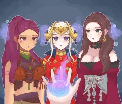 ambiguous_pov androgynous_dom bare_shoulders breasts brown_eyes brown_hair cleavage clothed dorothea_arnault dress earrings edelgard_von_hresvelg facial_markings femsub fire_emblem fire_emblem_three_houses green_eyes hair_ornament harem horns hypnotic_smoke jewelry long_hair nintendo petra_macneary pov pov_dom purple_eyes purple_hair smoke spiral standing standing_at_attention symbol tagme white_hair zires