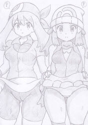  bandana banshou beanie cameltoe clothed confused dawn empty_eyes expressionless female_only femsub greyscale hair_ornament long_hair may monochrome nintendo open_mouth panties pokemon pokemon_diamond_pearl_and_platinum pokemon_ruby_sapphire_and_emerald scarf skirt tight_clothing traditional 