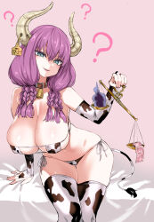  asanagi aura_(frieren:_beyond_journey&#039;s_end) bare_shoulders bell bell_collar bikini blue_eyes body_control braid breasts bridal_gauntlets cleavage collar condom confused cow_girl cow_print cowbell demon_girl fake_tail fangs female_only femsub frieren:_beyond_journey&#039;s_end gloves happy_trance horns huge_breasts long_hair looking_at_viewer navel pink_hair ring_eyes side-tie_panties simple_background sitting smile solo tail thigh_gap thighhighs turning_the_tables 
