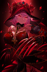  absurdres alternate_costume assimilation bare_shoulders breasts claws cleavage clothed cosplay costume dress esper_zero_(neverness_to_everness) eye_color_change female_only femdom femsub glowing_eyes hair_color_change harold_japan hat large_breasts living_costume looking_at_viewer never-ending_arachne neverness_to_everness possession purple_hair red_eyes short_hair tagme veil 