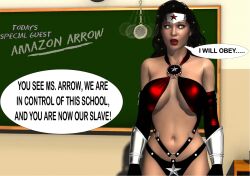  3d amazon_arrow_(amazonarrow) amazonarrow black_hair blackboard breasts cleavage collarbone dialogue expressionless femsub huge_breasts long_hair open_mouth original pendulum red_lipstick super_hero tagme text the-mind-controller white_eyes 