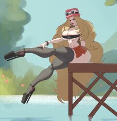  ass bimboannon bimbofication blonde_hair blue_eyes blush bracelet breasts choker cleavage earrings eyeshadow female_only femsub hat high_heels huge_ass huge_breasts jewelry large_lips lipstick long_nails makeup miniskirt nail_polish navel nintendo outdoors pokemon pokemon_x_and_y serena sitting skirt solo sunglasses thick_thighs thighhighs tube_top very_long_hair 