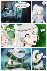  before_and_after clothed coils comic crisplukae dazed disney femsub grey_hair hypnotic_eyes kaa kaa_eyes long_hair open_mouth restrained rwby snake speech_bubble text the_jungle_book weiss_schnee 
