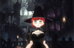 3d femsub hat hypnovideo open_mouth red_hair spiral spiral_eyes symbol_in_eyes vroid witch witch_hat