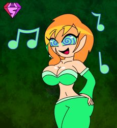 alex_(minecraft) alternate_costume arms_above_head bare_shoulders breasts cleavage dancer dancing elf_ears female_only femsub happy_trance harem_outfit hypnoscream large_breasts midriff minecraft music navel scar smile solo spiral_eyes spiralwash_eyes