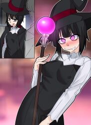 bangs before_and_after black_hair blush brain_drain breasts clare_(erasethismail) cloak clothed drool erasethismail erect_nipples erect_nipples_under_clothes femsub glowing happy_trance hypnotic_object magic original pink_eyes short_hair smile staff straight-cut_bangs witch_hat