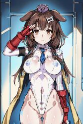 ai_art arm_bands breasts brown_eyes brown_hair capcom cape dakini_tencho_(generator) dog_ears empty_eyes erect_nipples erect_nipples_under_clothes expressionless femsub fingerless_gloves gloves hair_ornament hat hololive huge_breasts inugami_korone leotard looking_at_viewer navel saluting see-through shadaloo_dolls street_fighter thick_thighs tie twin_braids virtual_youtuber