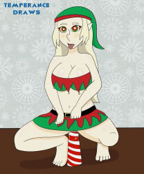  ahegao bakara_jurgen barefoot blonde_hair breasts candy candy_cane christmas clothed costume dildo dofus drool elf_ears female_only femsub large_breasts long_hair open_mouth pussy pussy_juice ring_eyes skirt spread_legs squatting temperancedraws tongue tongue_out 