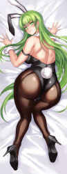  all_fours ass ass_focus bed blush bunnysuit c.c. code_geass cuffs fake_animal_ears fake_tail female_only femsub fishnets glowing glowing_eyes green_hair happy_trance high_heels hikari huge_ass long_hair looking_at_viewer looking_back manip misterman4_(manipper) pantyhose smile spiral_eyes symbol_in_eyes tagme 