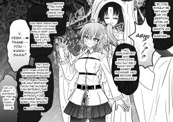  absurdres breasts charm_(spell) clothed comic command_seal dialogue fate/grand_order fate_(series) female_only femdom femsub greyscale hard_translated heart heart_eyes holding_breasts horns kiara_sessyoin large_breasts love nun pussy_juice ritsuka_fujimaru_(female) speech_bubble symbol_in_eyes text trembling wet_clothes yunhai yuri 