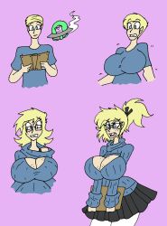  absurdres alien blonde_hair breasts cleavage cleavage_cutout dr_bookworm freckles glasses large_breasts lordebonfuze malesub nerd nerdification open-chest_sweater original parasite ponytail short_hair transformation transgender worm 