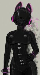  bodysuit breasts collar corset cuffs drone fake_animal_ears female_only femsub gas_mask hand_on_hip headphones helmet hexcorp_(sleepystephbot) latex mask original plasma-dragon rubber simple_background standing tech_control white_background 