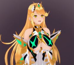  3d blonde_hair breasts clothed coin drool empty_eyes koikatsu! large_breasts mythra_(xenoblade) nintendo open_mouth simple_background thehguy xenoblade_chronicles xenoblade_chronicles_2 