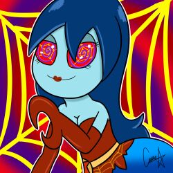 blue_hair breasts bug_girl cleavage female_only femdom furry gloves large_breasts long_hair looking_at_viewer opera_gloves shyker smile solo spider_girl spiral_eyes symbol_in_eyes the_contessa