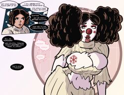  afro ass before_and_after bimbofication body_markings body_paint brain_drain breast_expansion breasts brown_eyes brown_hair clown clown_girl clownification coupytf dialogue eye_roll hair_buns hair_growth happy_trance instant_loss lipstick makeup mind_break navel pink_eyes princess_leia red_lipstick resisting star_wars text torn_clothes transformation 