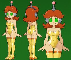  antenna cleavage collarbone female_only fembot femsub green_eyes happy_trance headphones high_heels latex nintendo open_mouth princess princess_daisy robotization simple_background smile spiral_eyes spiralwash_eyes standing standing_at_attention stealth-brock super_mario_bros. swimsuit tech_control thigh_boots 