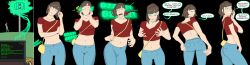  absurdres ass before_and_after breasts brown_hair clothed comic earbuds electricity female_only femsub glowing glowing_eyes green_eyes happy_trance holding_breasts insouciants jeans midriff mind_hack navel necklace open_mouth original pink_eyes shirt short_hair simple_background smile speech_bubble tech_control text transparent_background 
