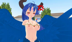 3d 3d_custom_girl angry bikini_top bird_girl blue_hair breasts clothed_exposure harpy_girl horns micro_bikini original red_eyes wings