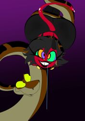  ass ass_focus black_lipstick clothed coils colorrings crop_top crossed_eyes disney drool femsub happy_trance helluva_boss horns imp kaa kaa_eyes large_ass maledom millie_(helluva_boss) red_skin short_hair simple_background smile snake spiral_eyes tail the_jungle_book yellow_eyes 