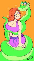  breast_fondling breasts bubble cleavage clothed coils collarbone crop_top femsub green_skin heavy_eyelids huge_breasts hypnotic_eyes lip_biting long_hair midriff pants psyfly red_hair restrained signature simple_background smile snake sparkle spiral tank_top 