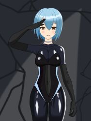 absurdres aoi_(shuxshun) blue_hair bodysuit breasts brown_eyes choker cleavage empty_eyes female_only femsub gloves latex leotard opera_gloves original rubber saluting short_hair shuxshun smile solo standing standing_at_attention tight_clothing