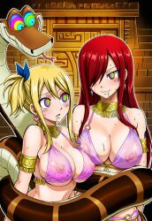  ai_art blonde_hair disney earrings erza_scarlet fairy_tail harem_outfit hellsing002_(generator) kaa kaa_eyes long_hair lucy_heartfilia necklace nipples rainbow_eyes red_hair see-through side_ponytail snake sweat tattoo the_jungle_book 