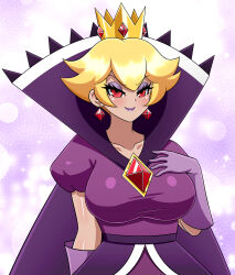  alternate_color_scheme alternate_costume blonde_hair breasts corruption crown dress earrings eyeshadow female_only femsub gloves huge_breasts lipstick looking_at_viewer makeup nintendo opera_gloves paper_mario paper_mario:_the_thousand_year_door possession princess princess_peach red_eyes shadow_queen short_hair smile solo super_mario_bros. yensh 