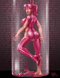 angrboda blue_eyes bottomless breasts erect_nipples female_only femsub high_heels latex nude pink_hair pink_skin slime solo stasis_tank text topless transformation