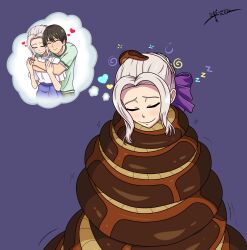  absurdres altered_perception black_hair blush closed_eyes hair_ribbon happy_trance heart hug kanojo_mo_kanojo kiryuu_shino mukai_naoya pandroso pants restrained ribbon shirt signature simple_background sleeping smile snake sparkle spiral thought_bubble white_hair 