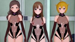  3d ahoge bare_shoulders blonde_hair blush bottomless brown_eyes brown_hair clothed_exposure collar empty_eyes expressionless female_only femsub fishnets gloves ibuki_tsubasa idolmaster_million_live! kitazawa_shino koikatsu! leotard long_hair looking_at_viewer multiple_girls multiple_subs navel nipples opera_gloves pubic_hair qr_code see-through short_hair standing standing_at_attention tattoo tech_control the_idolm@ster wwww. yellow_eyes 