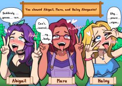  abigail_(stardew_valley) absurdres ahegao blonde_hair blue_eyes blush body_control bracelet breasts brown_hair choker cleavage crossed_eyes dark_skin dialogue double_v drool embarrassed eye_roll female_only femsub glasses goth green_eyes haley_(stardew_valley) jewelry large_breasts long_hair maru_(stardew_valley) multiple_girls multiple_subs necklace open_mouth pov pov_dom purple_eyes purple_hair short_hair stalx stardew_valley tears text tongue tongue_out v 