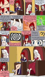  blue_eyes comic erza_scarlet eyes_held_open fairy_tail female_only femsub foot_massage happy_trance mirajane_strauss mythkaz red_hair resisting restrained submissive_hypnotist tech_control text white_hair 