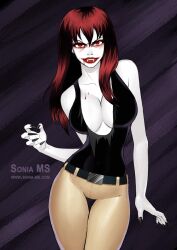 breasts corruption enemy_conversion evil_smile fangs femsub happy_trance long_hair long_nails makeup marvel_comics mary_jane_watson msonia pale_skin pants red_eyes smile super_hero tank_top torn_clothes vampire
