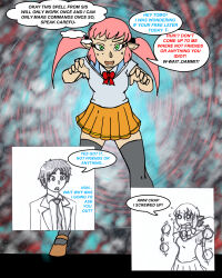 absurdres accidental_hypnosis altered_perception amnesia blush comic crazycowproductions elf_ears empty_eyes femdom greyscale humor hypnotic_spiral original pink_hair ponytail school_uniform text tsundere twintails